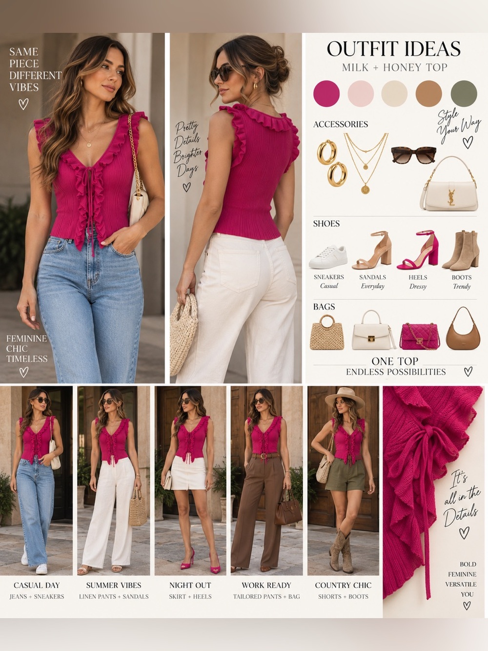 Ruffled Tie-Front Camisole — Raspberry Pink
